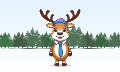 Vector cartoon comic funny cute kind smiling little deer in headband and blue tie. Graphic simple coniferous forest. Toon animal