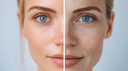 Obraz premium woman face wrinkles before and after treatment. close-up of eyes.
