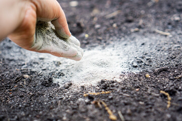 Hand holding rock dust for soil improvement in a raised garden bed