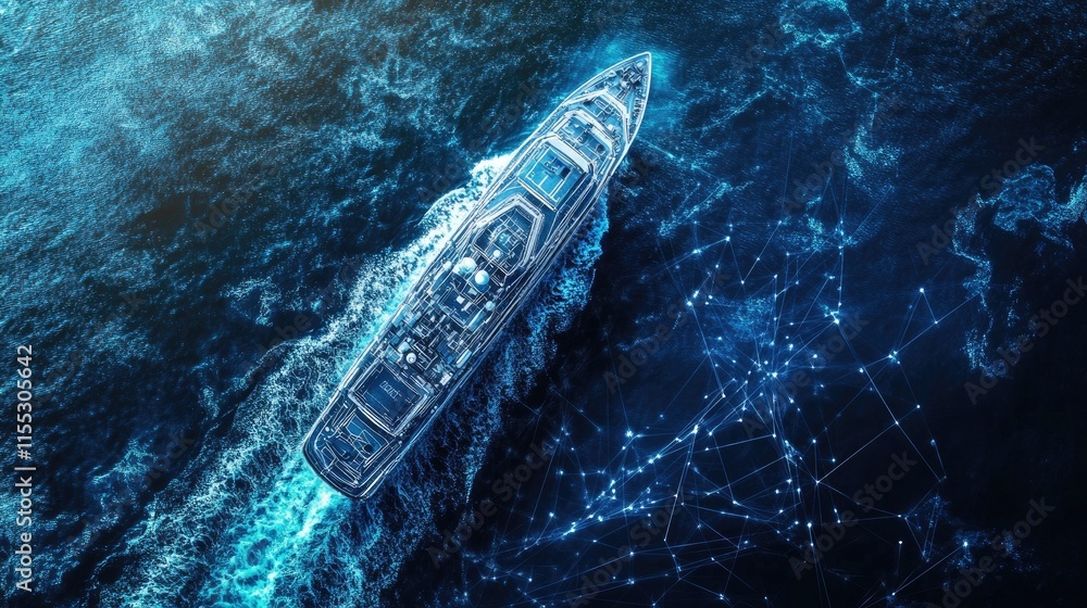 Poster aerial drone perspective on a high-tech ship with cutting-edge ai and satellite systems, navigating 