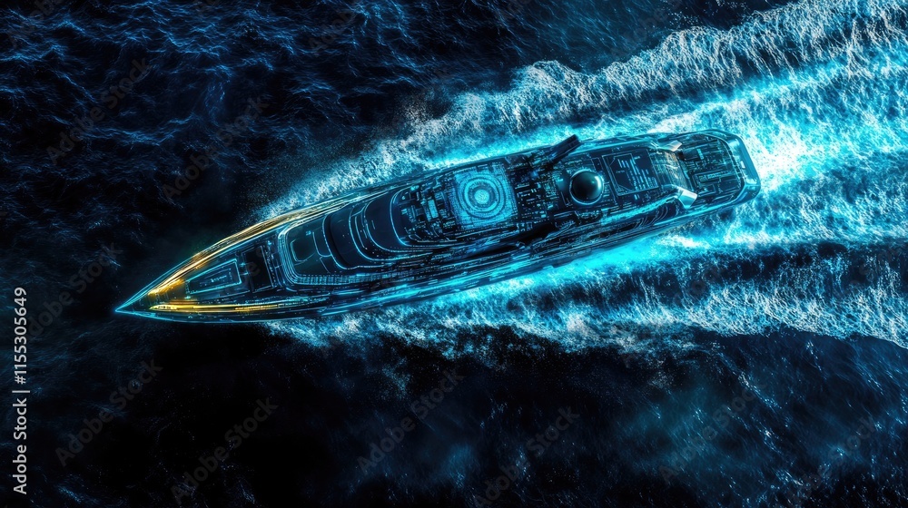 Poster aerial drone perspective on a high-tech ship with cutting-edge ai and satellite systems, navigating 