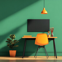 modern workspace featuring vibrant green wall, orange desk chair, and stylish decor