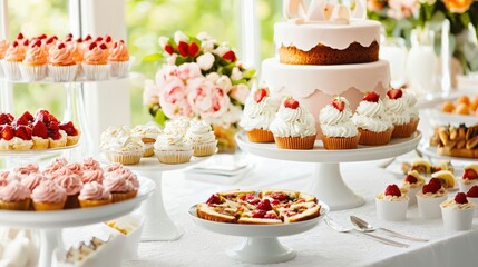 Elegant Dessert Table with Cupcakes and Decorative Cake Display