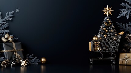 Moody and Dramatic Holiday Composition with Black Background, Christmas Tree, and Shopping Cart Filled with Gifts