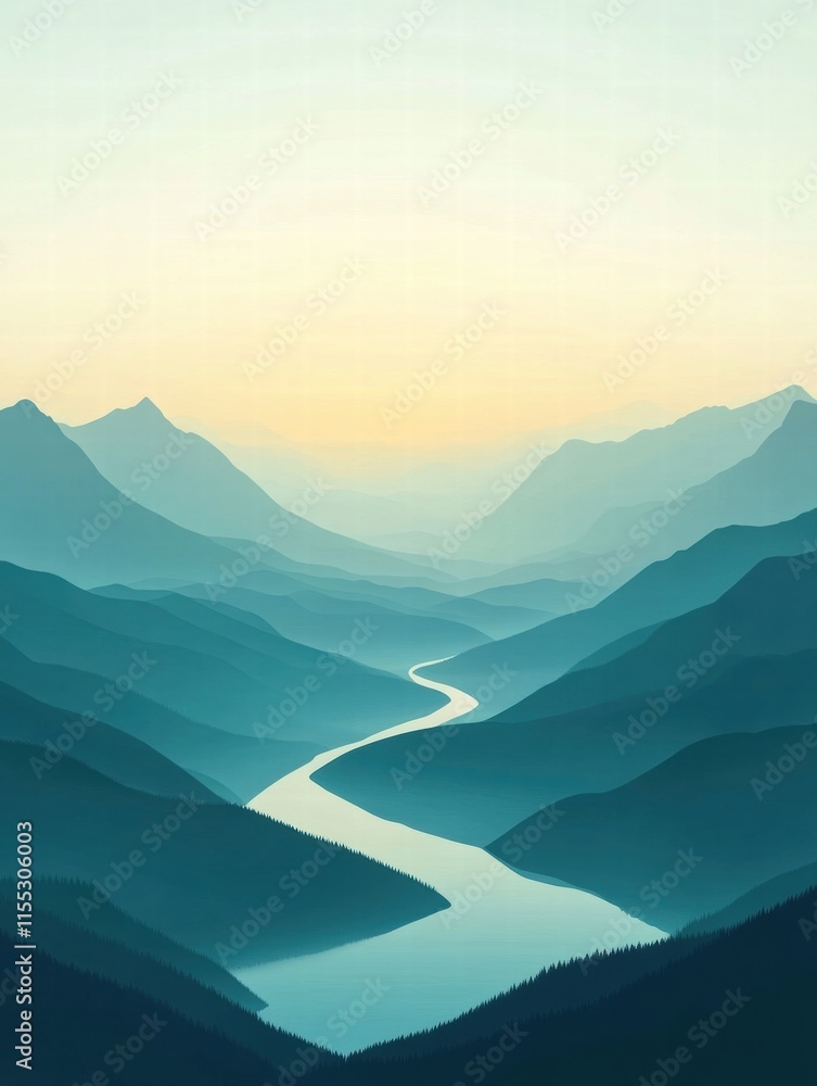 Poster winding river flows through tranquil mountain range at dawn with space for personal text. generative