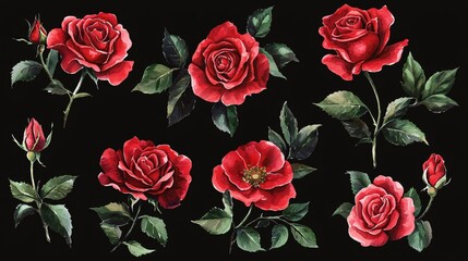 Beautiful Red Roses on Black Background for Decorative Design