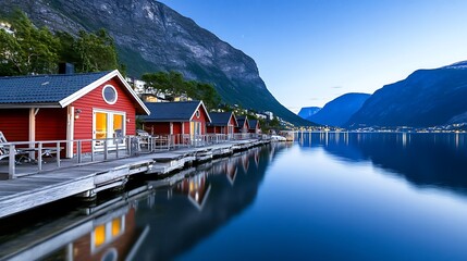 Fototapeta premium Scenic Red Cabins on Calm Fjord at Twilight
