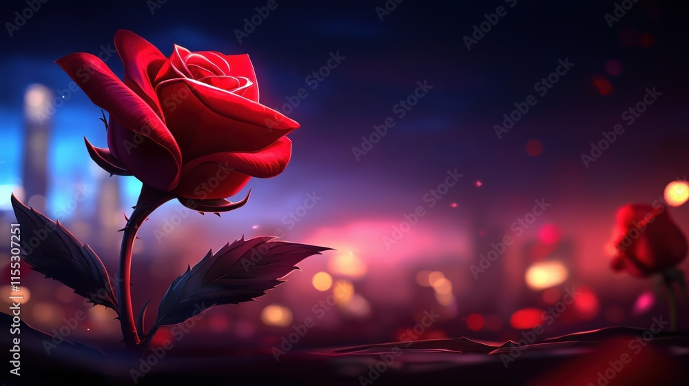 Poster single red rose with bokeh background in artistic light setting