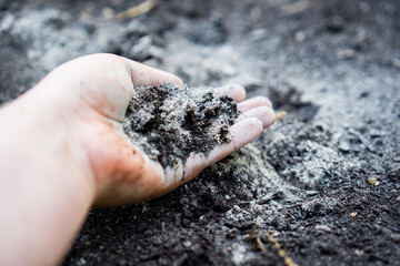 Hand holding rock dust for soil improvement in a raised garden bed