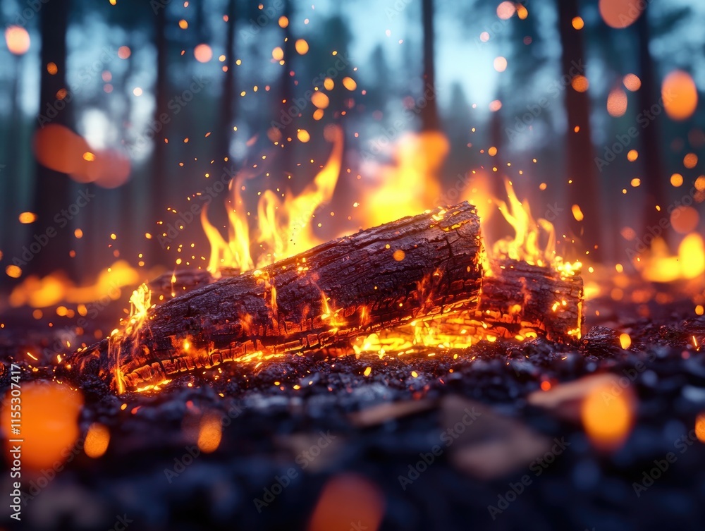 Poster glowing flames erupting from a burning log surrounded by sparkling ember at twilight in a serene for