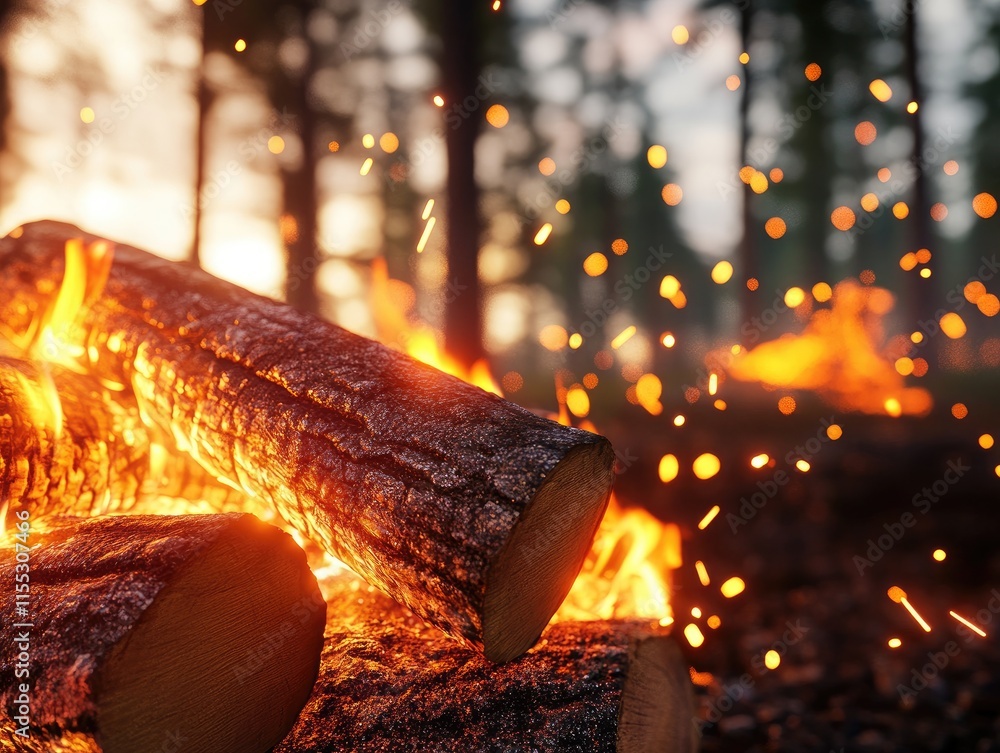 Poster captivating close-up of logs burning in a fiery forest with glowing sparks and warm lighting at dusk