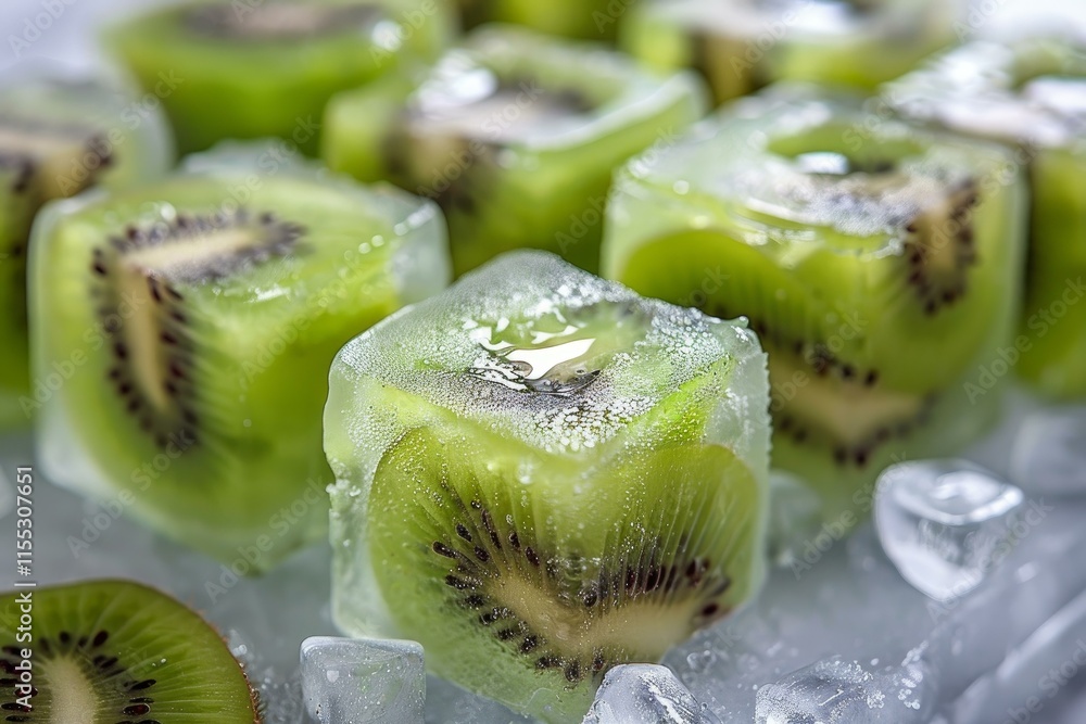 Poster ice cubes with kiwi slices inside, creating a refreshing and visually appealing ingredient for summe