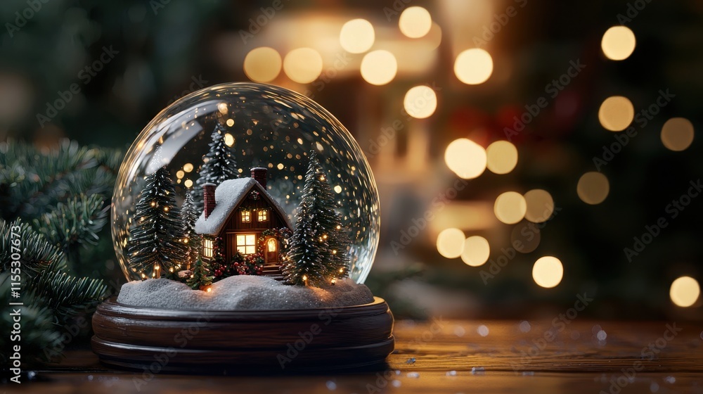 Aufkleber serene snow globe with tiny house and illuminated trees in a holiday setting