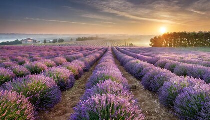 Obraz premium Lavender field at sunrise with purple flowers in symmetrical rows. Scenic blooming lavender farm landscape under golden morning sun. Beautiful floral countryside meadow at daybreak.