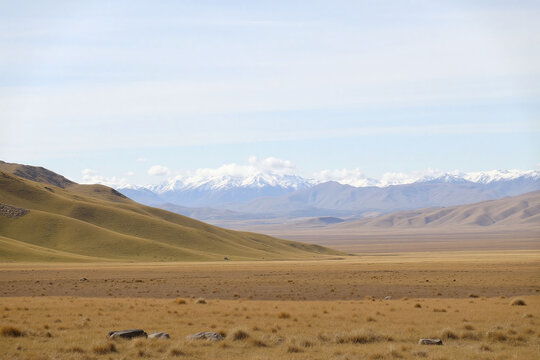 Expansive landscape open plain snow-capped mountains morning light - Powered by Adobe