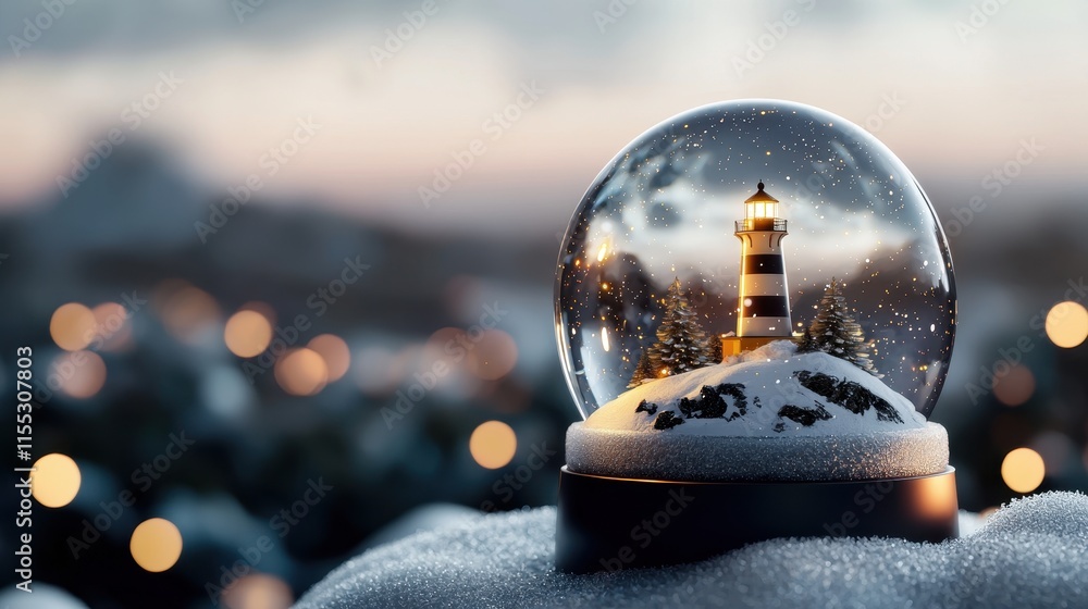 Poster serene snow globe featuring a lone lighthouse on a snowy perch with soft bokeh background