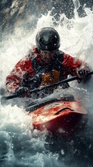 Fearless Kayaker Navigating Intense Whitewater Rapids with Determined Focus
