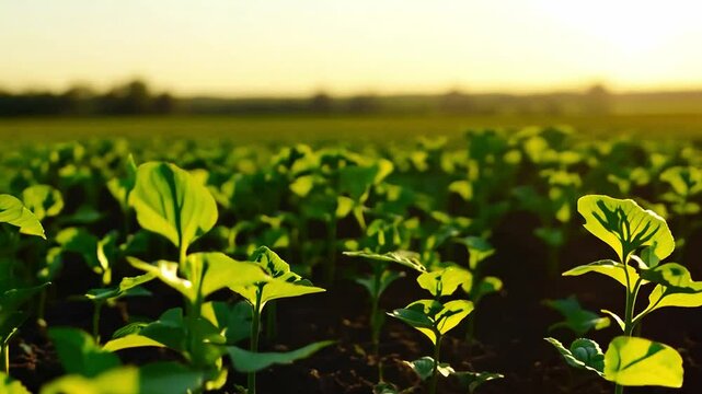 Lots of green seedlings growing on arable land in future-oriented food production.