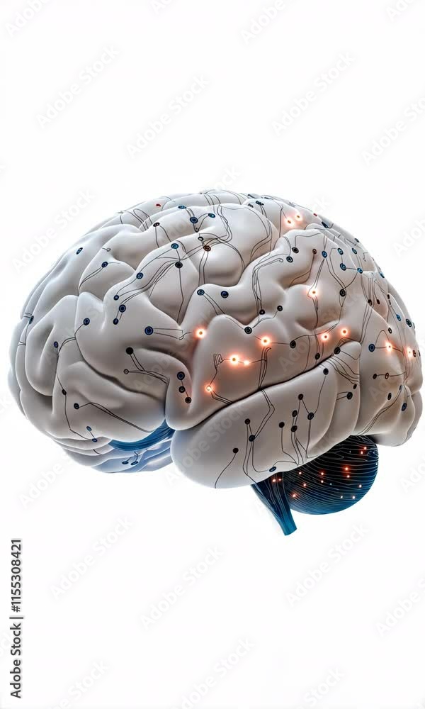 Poster a brain with blue and white dots is lit up, giving it a glowing appearance. the dots are scattered a