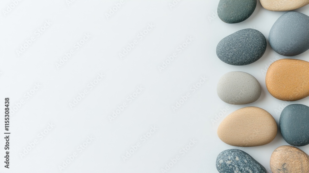 Poster smooth river stones in various colors and sizes arranged on a light background for a serene and calm