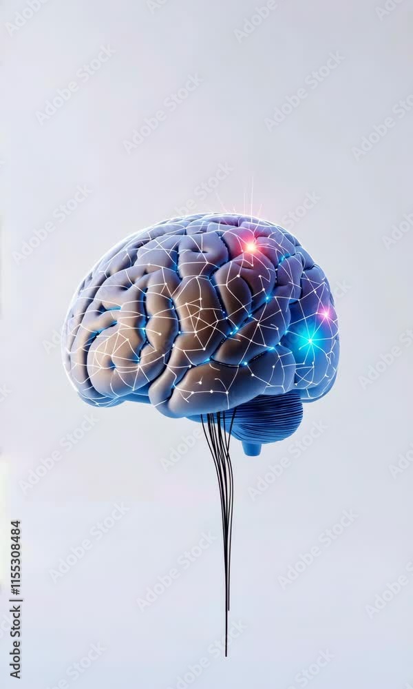 Poster a brain with a blue and red starburst pattern. the brain is surrounded by a white background
