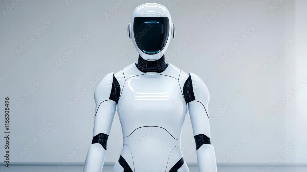 Poster a robot is standing in front of a white wall. the robot is white and has a black face