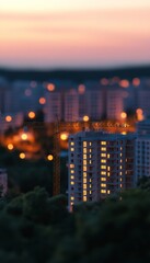 Illuminated Dusk Cityscape Warm Suburban Housing Complex at Sunset, Blurred for Effect