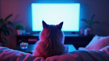 The cat is sitting on the sofa and watching TV
