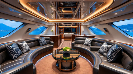 Fototapeta premium VIP lounge inside a luxury yacht featuring curved leather sofas, glass tables, and designer decor. Generative AI