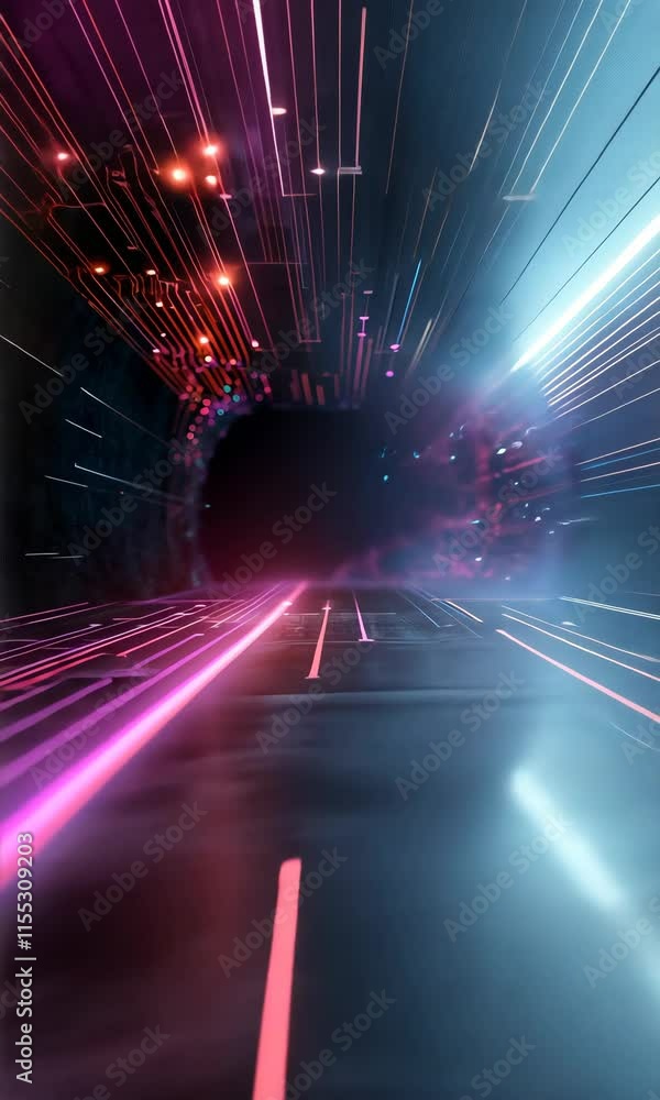 Poster a dark tunnel with a bright blue and red light. the tunnel is empty and the lights are on