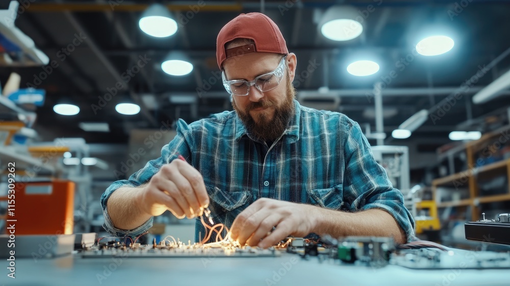 Poster skilled technician working on electronic circuit board in modern workshop with tools and bright over