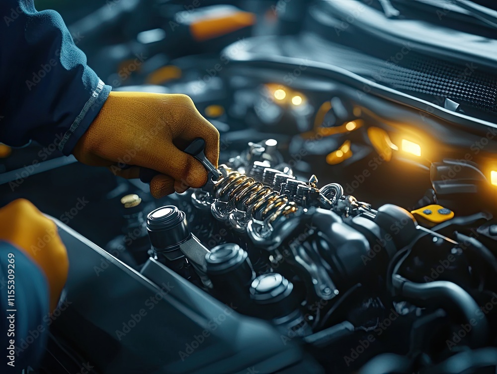 Poster close-up view of a mechanic's hand adjusting engine components with tools in a modern car engine bay