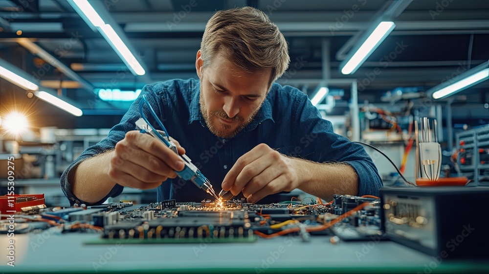 Poster skilled technician working on circuit board components with soldering iron in modern tech workshop e