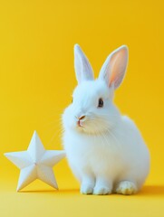 Obraz premium Bunny sits beside a pastel star decoration for an Easter celebration on a bright yellow background