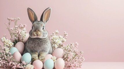 Fototapeta premium Cute bunny resting among pastel eggs and delicate flowers in a soft setting for springtime celebration