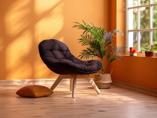 A modern living room corner with a stylish black chair on a wooden floor, complemented by a potted plant and warm orange walls.
