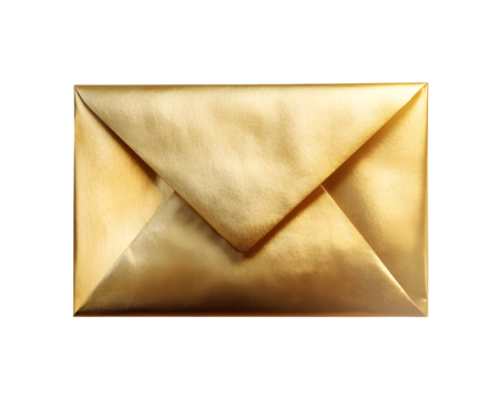 Shiny Gold Envelope with a bright and luxurious design. Isolated on transparent background, png.