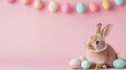 Cute small bunny sitting under colorful pastel Easter eggs on a pink background celebrating Easter festivities