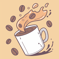 Coffee Cup with Splash and Flying Coffee Beans Illustration,Vector Coffee Art with Beans and Milk Splash Design