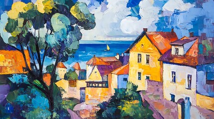 Vibrant Coastal Village Oil Painting: A Sun-Drenched Impressionist Seascape. AI Generated