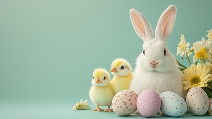 White bunny with fluffy yellow chicks surrounded by decorated eggs and flowers in a spring setting