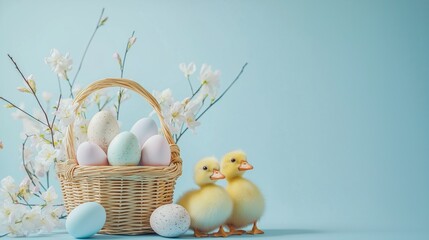 Wicker basket filled with pastel Easter eggs and playful ducklings on a soft blue background
