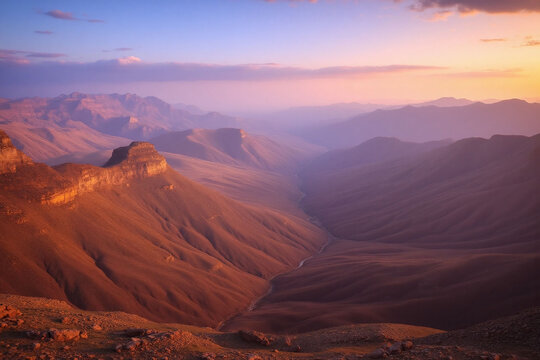 Mountainous region landscape valley mountains sunset colors slope