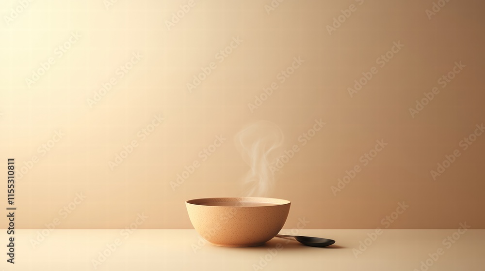 Fototapete warm soup bowl with steam curling upward on a minimalist table with copy space for text or design. g