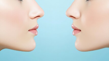 Obraz premium Close-up of Two Female Faces in Profile Against a Soft Blue Background Highlighting Symmetry and Beauty of Natural Skin and Features