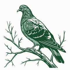 Fototapeta premium A serene vector artwork featuring a green pigeon perched on a small tree branch, capturing a sense of loneliness and natural beauty.