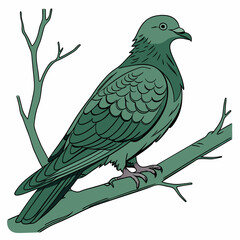 A serene vector artwork featuring a green pigeon perched on a small tree branch, capturing a sense of loneliness and natural beauty.