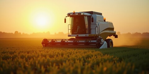 Fototapeta premium Modern combine harvester working in a green field at sunset, highlighting advanced agricultural machinery and eco-friendly farming solutions for efficient crop production