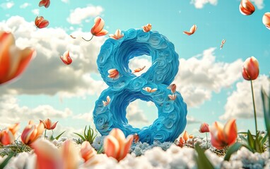 Fototapeta premium A vibrant blue 3D number 8 with tulip petals scattered around, on a blurred sky background with fluffy white clouds