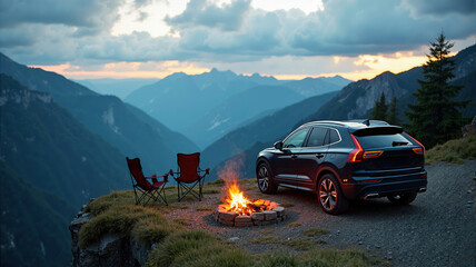 Picnic on a cliff with a fire and a car in the evening against the backdrop of mountains